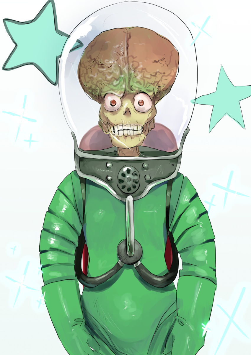 1other, alien, arms_at_sides, brain, closed_mouth, commentary_request, constricted_pupils, fuka_(kantoku), glass, gloves, green_gloves, highres, looking_at_viewer, manatsu_no_yo_no_inmu, mars_attacks!, martian_(mars_attacks!), other_focus, partial_commentary, red_eyes, solo, spacesuit, sparkle, standing, star_(symbol), straight-on, takuya_(acceed), teeth, white_background