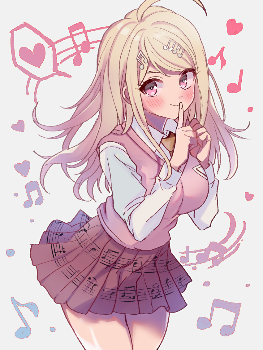 1girl, ahoge, akamatsu_kaede, blush, breasts, closed_mouth, collared_shirt, cowboy_shot