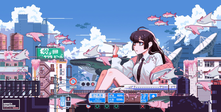 1girl, air_conditioner, animal, antenna_hair, artist_name, black_bow, black_bowtie, black_hair
