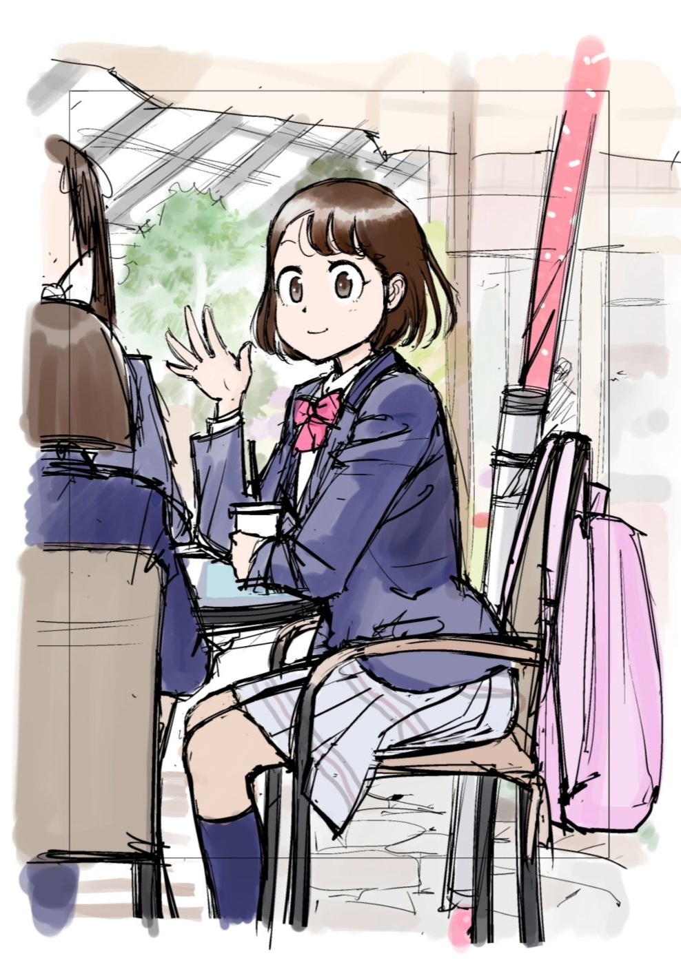 1girl, amano_saku, asymmetrical_bangs, black_eyes, black_hair, black_socks, blazer, blue_jacket