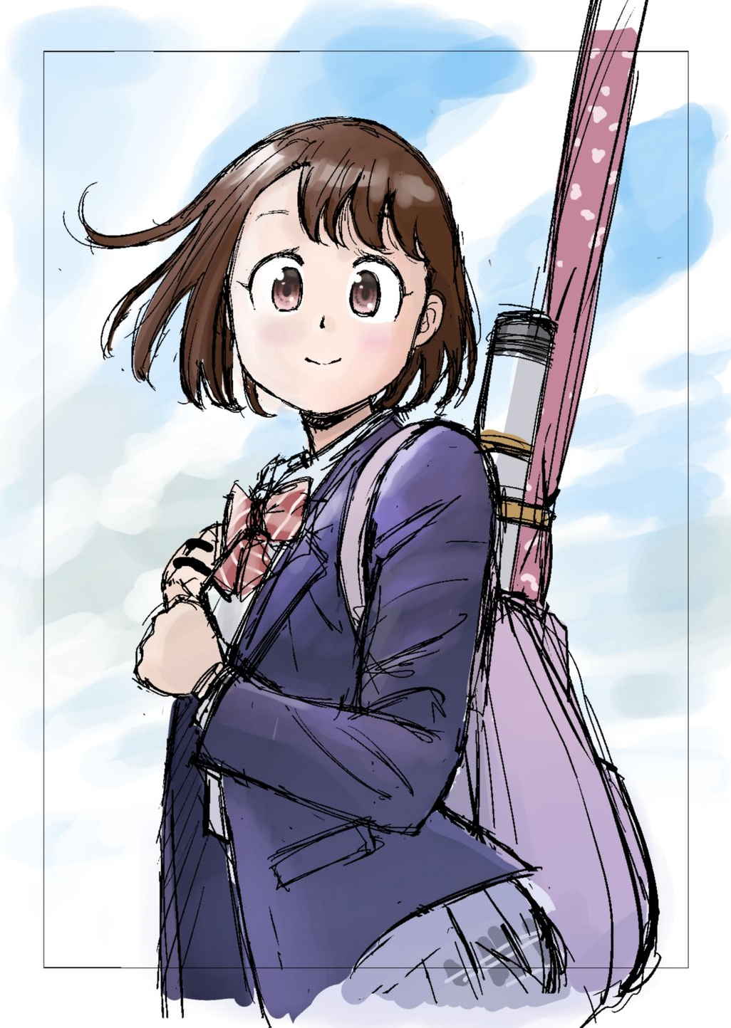 1girl, amano_saku, asymmetrical_bangs, black_eyes, black_hair, blazer, blue_jacket, bow_(weapon), closed_mouth, concept_art, eyelashes, hand_up, highres, jacket, light_smile, looking_at_viewer, medium_hair, open_clothes, open_jacket, pleated_skirt, ribbon, sakimiya_satsuki, sakimiya_senpai_no_kyujitsu, school_uniform, sketch, skirt, sky, smile, solo, swept_bangs, weapon, yumi_(bow)