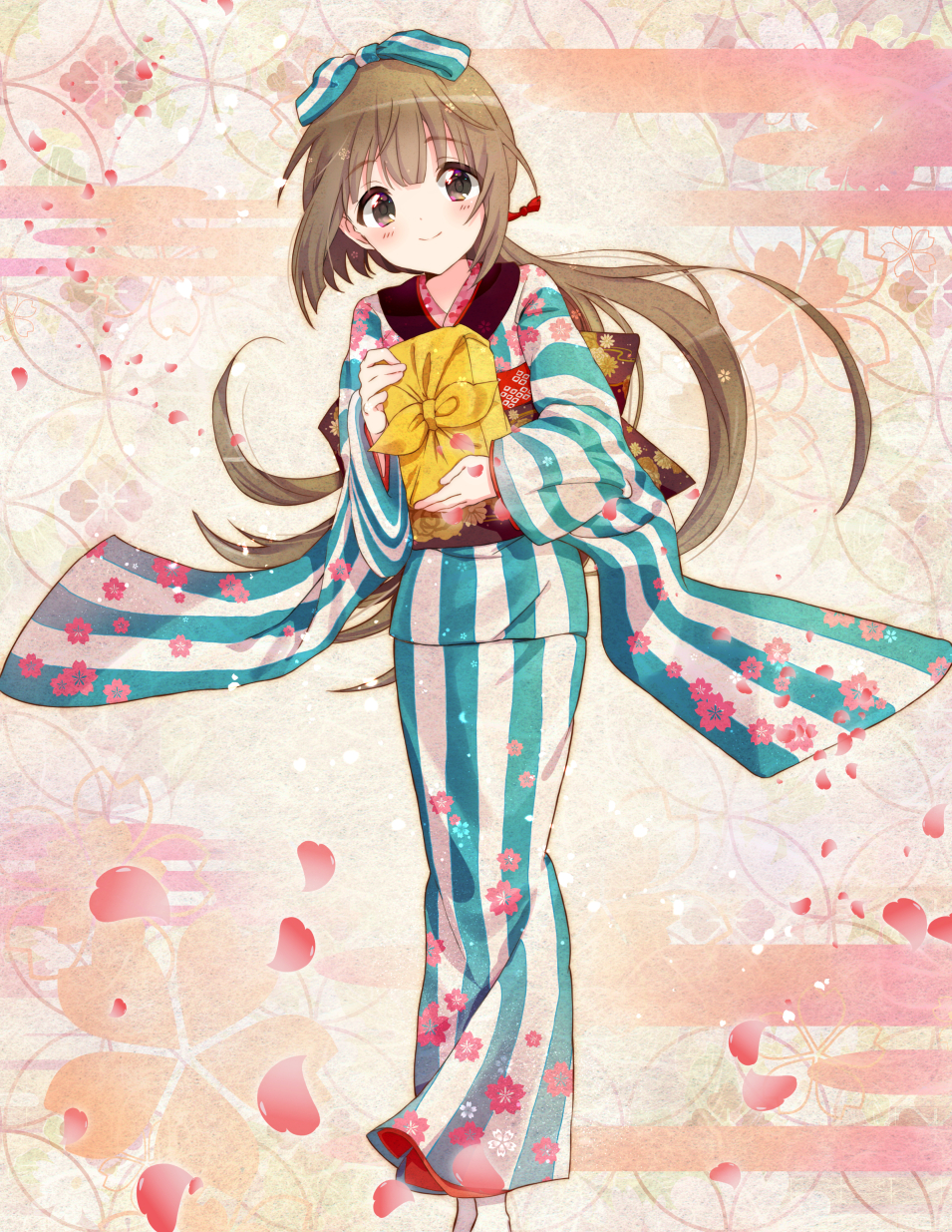 1girl, bento, blunt_bangs, blush, bow, brown_eyes, brown_hair, closed_mouth, dot_nose, egasumi, falling_petals, flat_chest, floral_print, full_body, furoshiki, green_kimono, green_ribbon, hair_bow, hair_ribbon, hands_up, highres, hiyokotori, holding, holding_bento, idolmaster, idolmaster_cinderella_girls, idolmaster_cinderella_girls_starlight_stage, japanese_clothes, kimono, long_hair, long_sleeves, looking_at_viewer, multicolored_background, petals, ponytail, print_kimono, red_bow, ribbon, smile, solo, standing, striped, striped_kimono, tabi, very_long_hair, wide_sleeves, yorita_yoshino