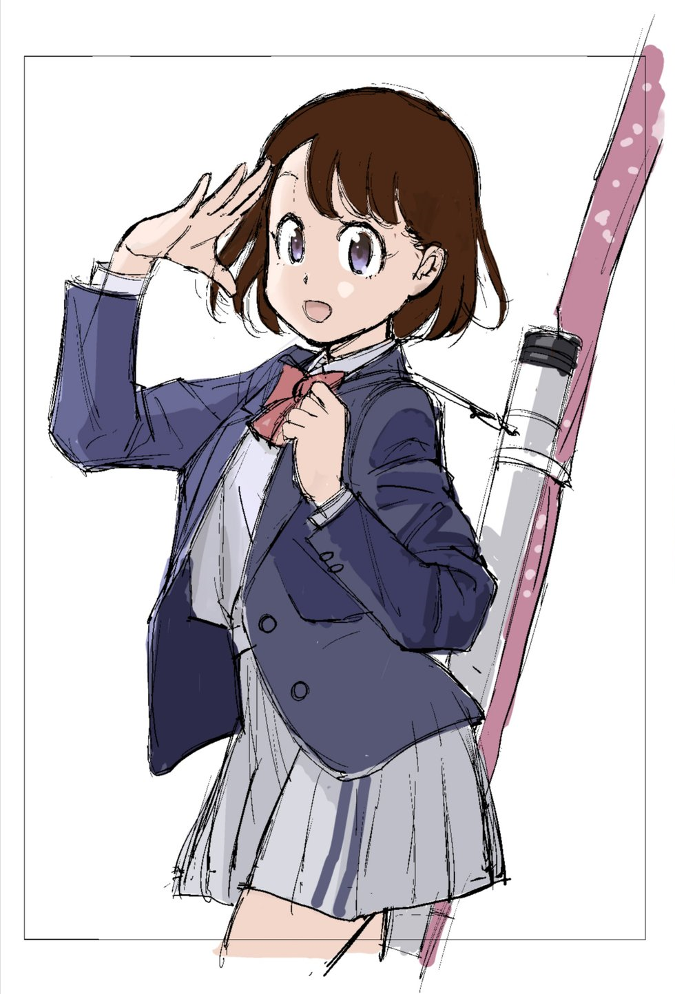 1girl, amano_saku, arm_up, asymmetrical_bangs, black_eyes, black_hair, blazer, blue_jacket, bow_(weapon), concept_art, eyelashes, grey_skirt, hand_up, highres, jacket, looking_at_viewer, medium_hair, miniskirt, open_clothes, open_jacket, open_mouth, pleated_skirt, ribbon, sakimiya_satsuki, sakimiya_senpai_no_kyujitsu, school_uniform, sketch, skirt, solo, standing, swept_bangs, weapon, yumi_(bow)