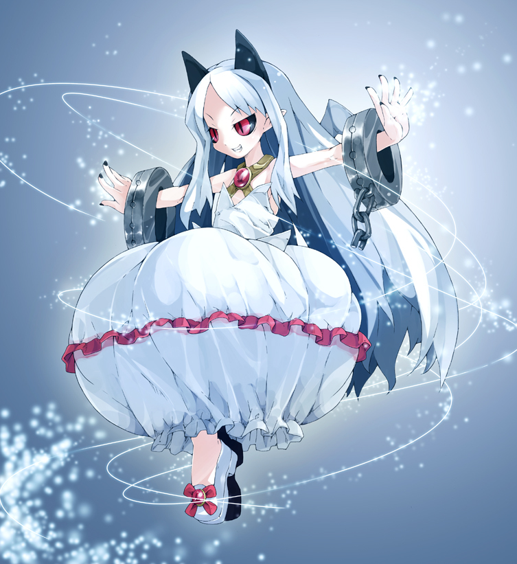 bad_id, ballet_flats, bat_wings, black_sclera, bubble_skirt, cuffs, horns, jewelry
