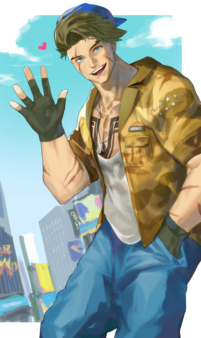 1boy, absurdres, baseball_cap, black_gloves, blonde_hair, blue_eyes, blue_pants, brown_shirt