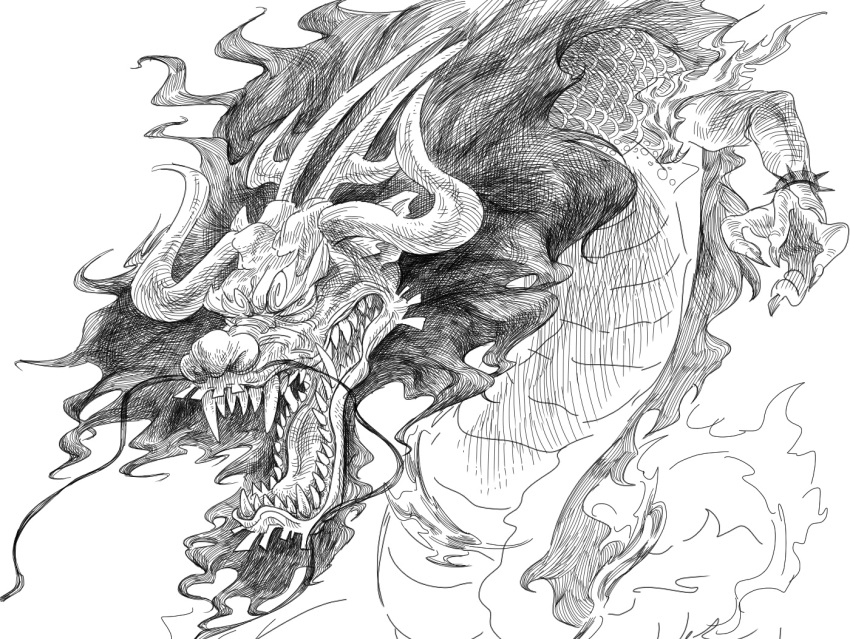 1boy, arm_tattoo, armlet, black_hair, chest_tattoo, claws, dragon, eastern_dragon