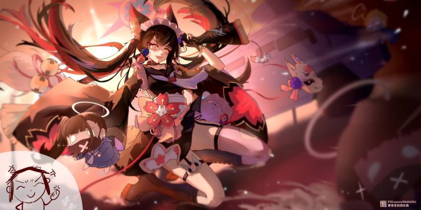 absurdres, alternate_costume, animal_ears, arona's_sensei_doodle_(blue_archive), black_serafuku, blue_archive, enmaided, fox_ears
