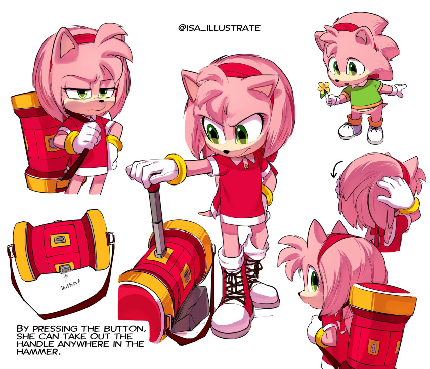absurdres, aged_down, amy_rose, english_text, green_eyes, hammer, hedgehog, hedgehog_ears