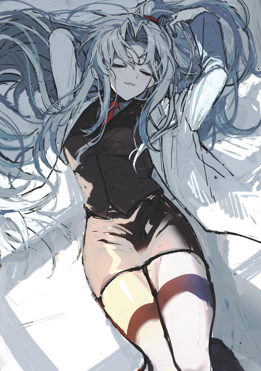 1girl, absurdres, angela_(project_moon), arms_up, black_skirt, black_vest, blue_hair, closed_eyes