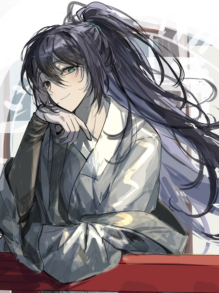 1boy, balcony, black_eyes, blue_eyes, blue_hair, chinese_clothes, closed_mouth, dress