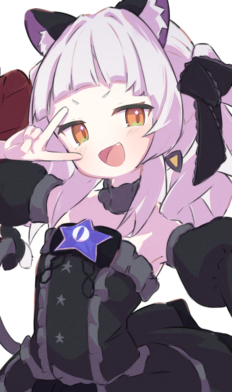 animal_ear_fluff, animal_ears, black_choker, black_dress, black_ribbon, black_sleeves, blunt_bangs, blush, cat_ears, center_frills, choker, detached_sleeves, dress, fake_ears, fang, frilled_dress, frilled_ribbon, frills, hair_ribbon, highres, hololive, inaririn, long_hair, looking_at_viewer, murasaki_shion, open_mouth, ribbon, star_(symbol), strapless, strapless_dress, twintails, v, virtual_youtuber, white_background, white_hair, yellow_eyes