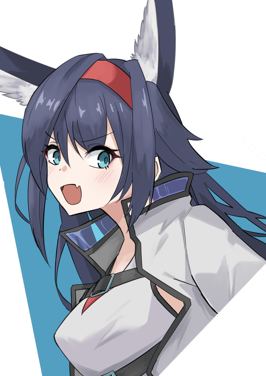 1girl, :d, absurdres, animal_ear_fluff, animal_ears, arknights, black_hair, blaze_(arknights), blue_background, blue_eyes, breasts, cat_ears, commentary_request, cropped_torso, fang, fubou_(0503oekaki24), hair_between_eyes, hairband, highres, jacket, long_hair, looking_at_viewer, medium_breasts, red_hairband, shirt, smile, solo, two-tone_background, upper_body, white_background, white_jacket, white_shirt