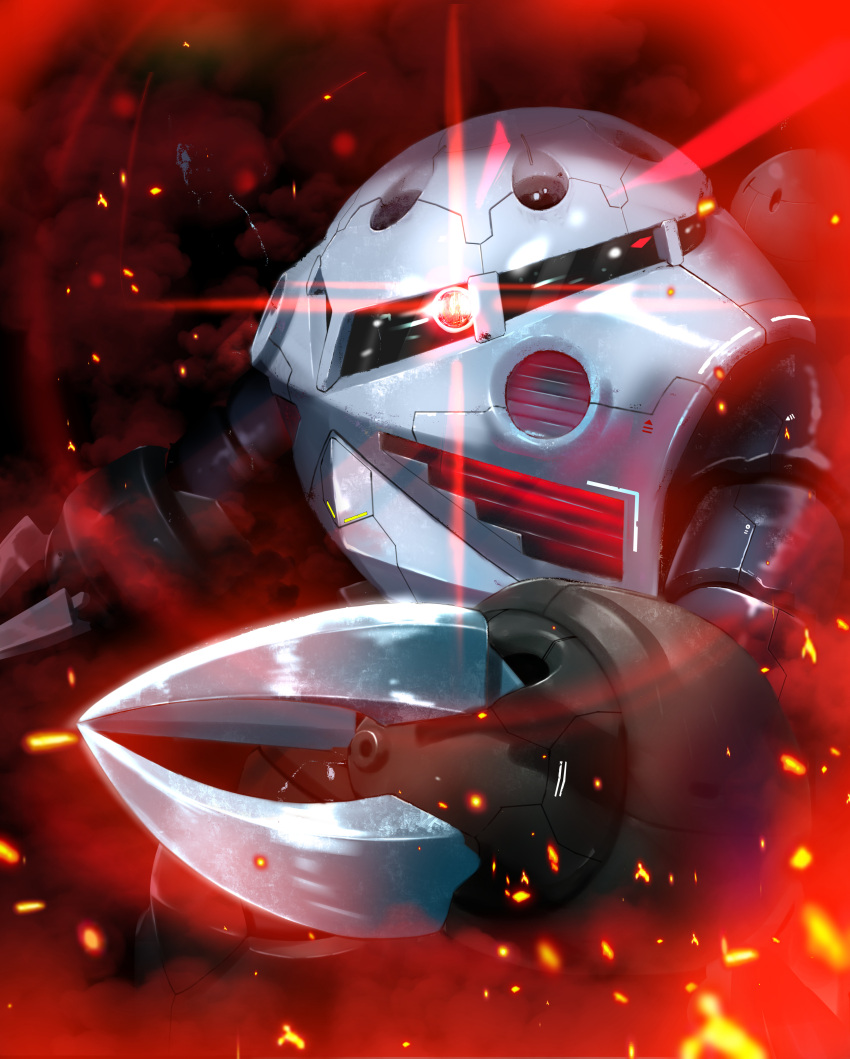 absurdres, claws, embers, glowing, glowing_eye, gundam, highres, mecha, mobile_suit, mobile_suit_gundam, nicobear_(user_rpsz5355), no_humans, one-eyed, red_eyes, robot, science_fiction, smoke, solo, z'gok