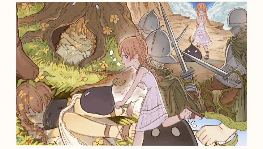 1girl, 3boys, absurdres, aged_down, armor, bare_shoulders, braid, brown_hair