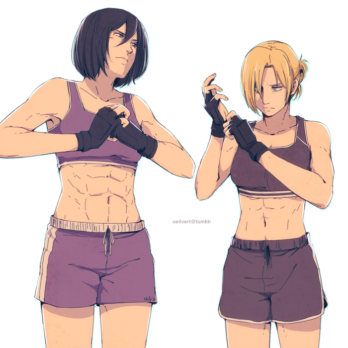 2girls, abs, adjusting_clothes, adjusting_gloves, annie_leonhardt, black_eyes, black_gloves, black_hair, blonde_hair, blue_eyes, commentary, english_commentary, fingerless_gloves, frown, gloves, grappling_gloves, gym_shorts, hair_over_one_eye, hanpetos, medium_hair, midriff, mikasa_ackerman, multiple_girls, navel, scar, scar_on_cheek, scar_on_face, shingeki_no_kyojin, short_ponytail, shorts, sports_bra, tumblr_username