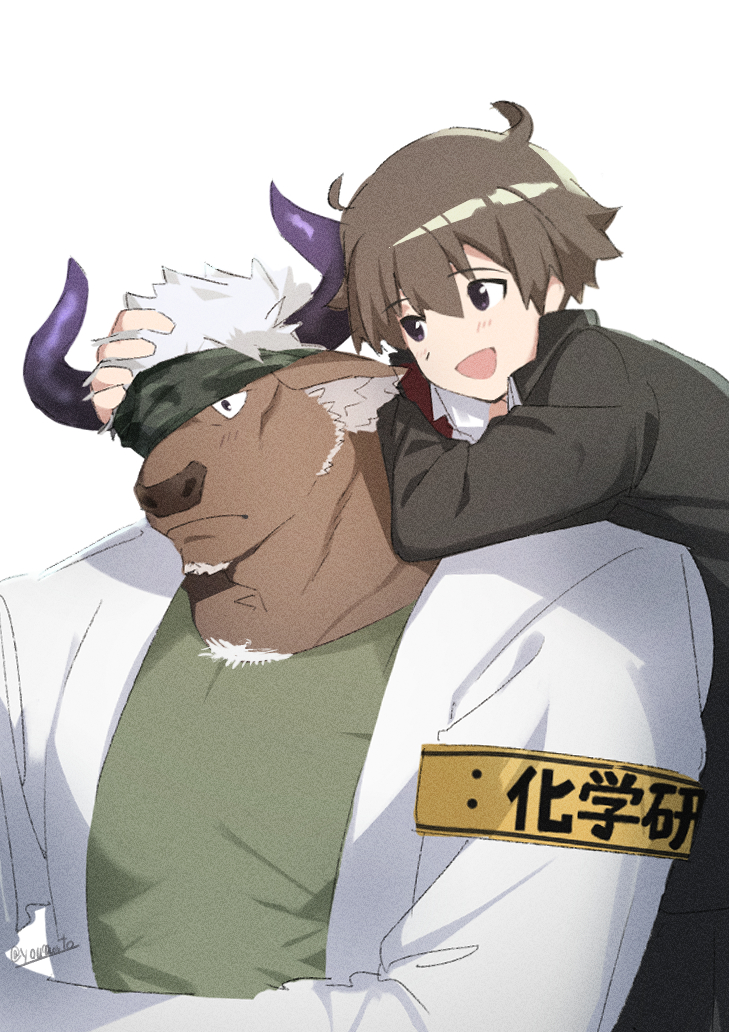 2boys, ahoge, ai_manato, animal_ears, armband, brown_eyes, brown_fur, brown_hair, camouflage, camouflage_headwear, chest_hair, closed_mouth, commentary_request, cow_ears, cow_horns, facial_hair, furry, furry_male, gakuran, goatee, green_shirt, hand_on_another's_head, headband, horns, lab_coat, large_pectorals, looking_at_another, male_focus, minotaur, multiple_boys, muscular, muscular_male, open_mouth, pectorals, protagonist_4_(housamo), purple_horns, school_uniform, shennong_(housamo), shirt, short_hair, simple_background, smile, tokyo_afterschool_summoners, twitter_username, upper_body, white_background, white_hair