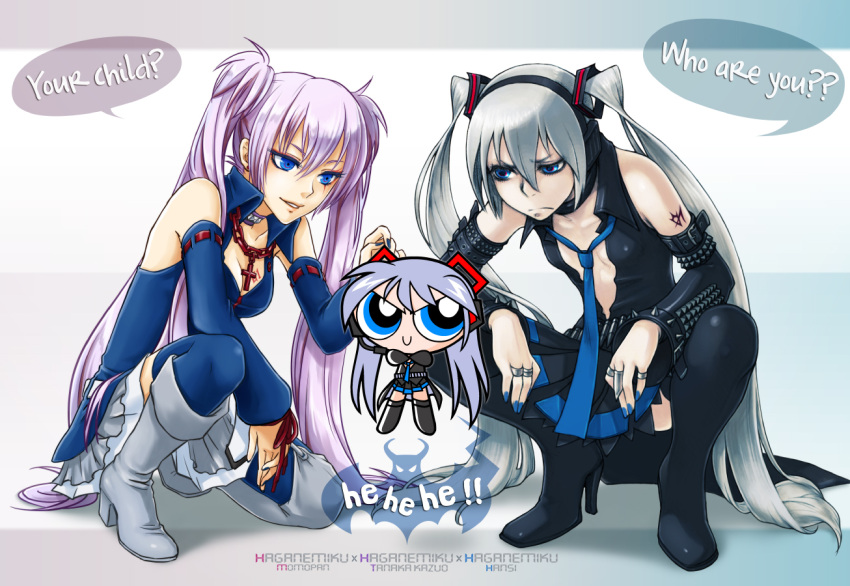 3girls, boots, collaboration, collar, craig_mccracken_(style), detached_sleeves, english, hagane_miku