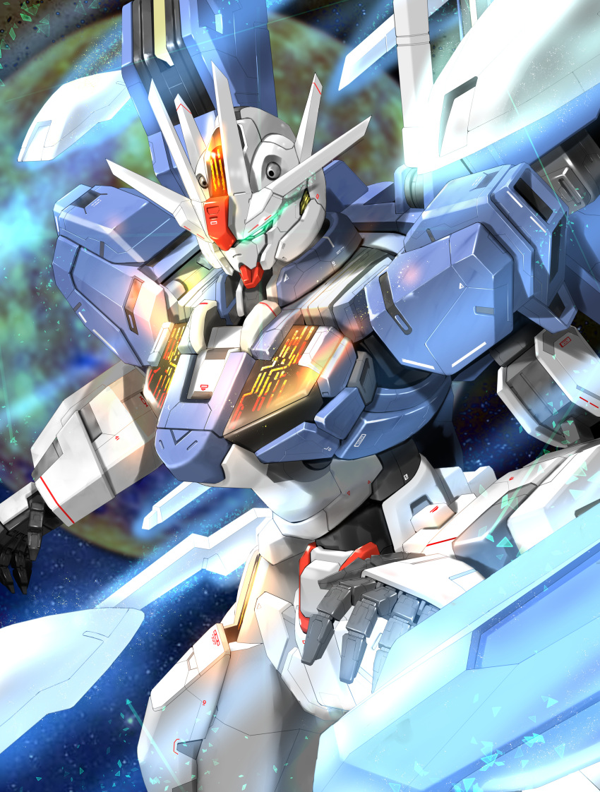 absurdres, bit_(gundam), commentary, glowing, glowing_eyes, green_eyes, gundam, gundam_aerial_rebuild, gundam_suisei_no_majo, highres, mecha, mobile_suit, nicobear_(user_rpsz5355), no_humans, open_hands, planet, robot, science_fiction, solo, space, v-fin, zero_gravity