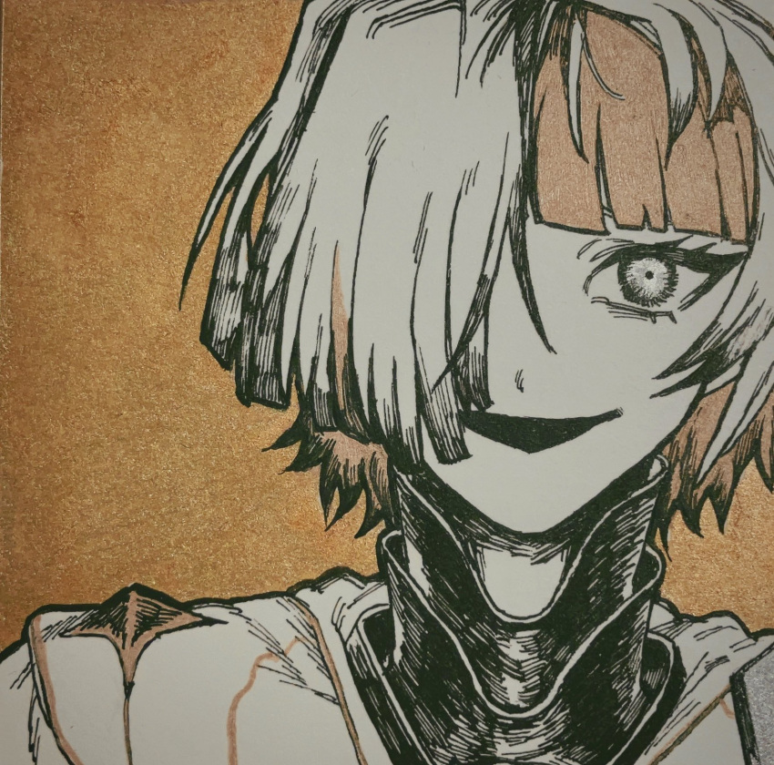 1girl, blonde_hair, colored_skin, grey_eyes, hair_over_one_eye, highres, kromer_(limbus_company), limbus_company