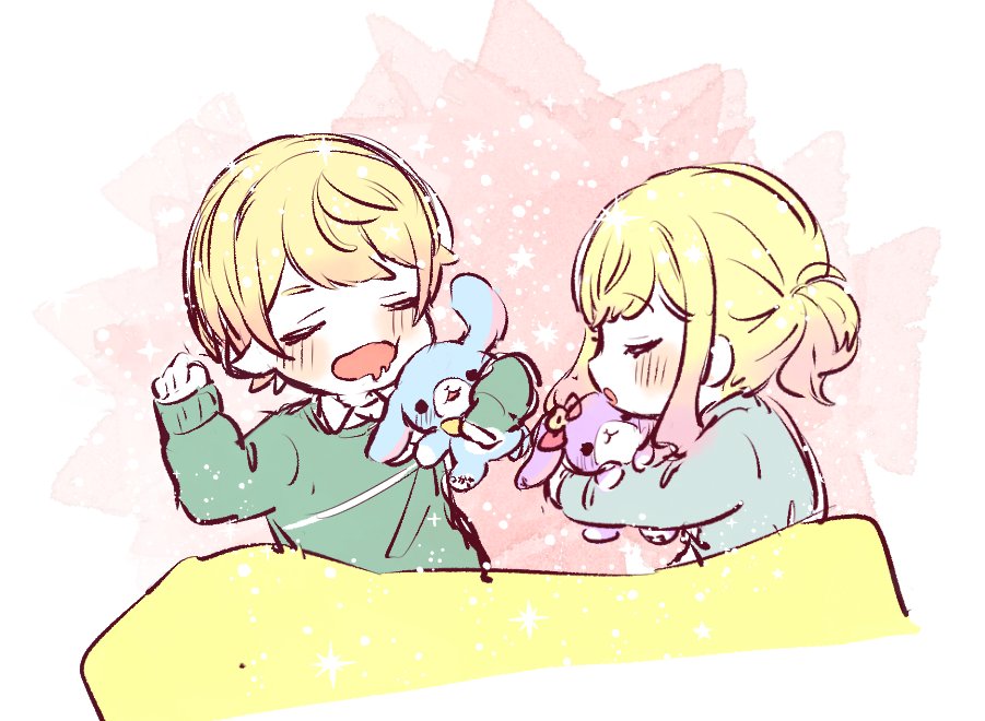 1boy, 1girl, aged_down, animal_ears, aqua_sweater, blanket, blonde_hair, blue_shirt, blush, bow, brother_and_sister, clenched_hand, closed_eyes, commentary, drooling, facing_another, facing_viewer, from_above, from_side, holding, holding_stuffed_toy, long_sleeves, lop_rabbit_ears, lying, multicolored_background, object_hug, on_side, open_mouth, orange_hair, pink_background, pink_bow, pink_eyes, poppu_usagi, profile, project_sekai, rabbit_ears, shirt, short_hair, siblings, sketch, sleeping, sleeves_past_wrists, sparkle, star_(symbol), stuffed_animal, stuffed_bunny_(project_sekai), stuffed_rabbit, stuffed_toy, swept_bangs, tenma_saki, tenma_tsukasa, twintails, upper_body, white_background, white_shirt