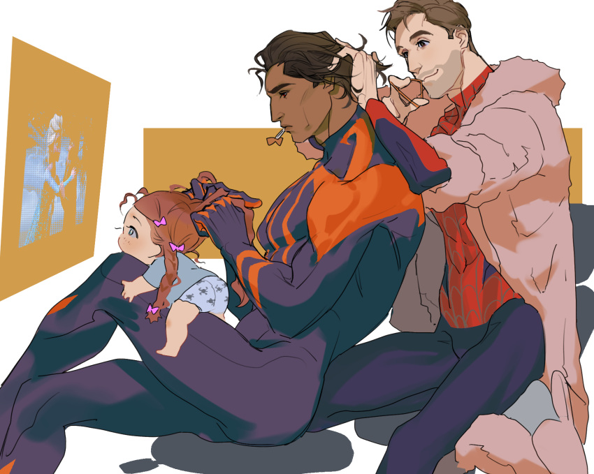 1girl, 2boys, adjusting_another's_hair, animal_print, baby, bathrobe, behind_another, blue_bodysuit