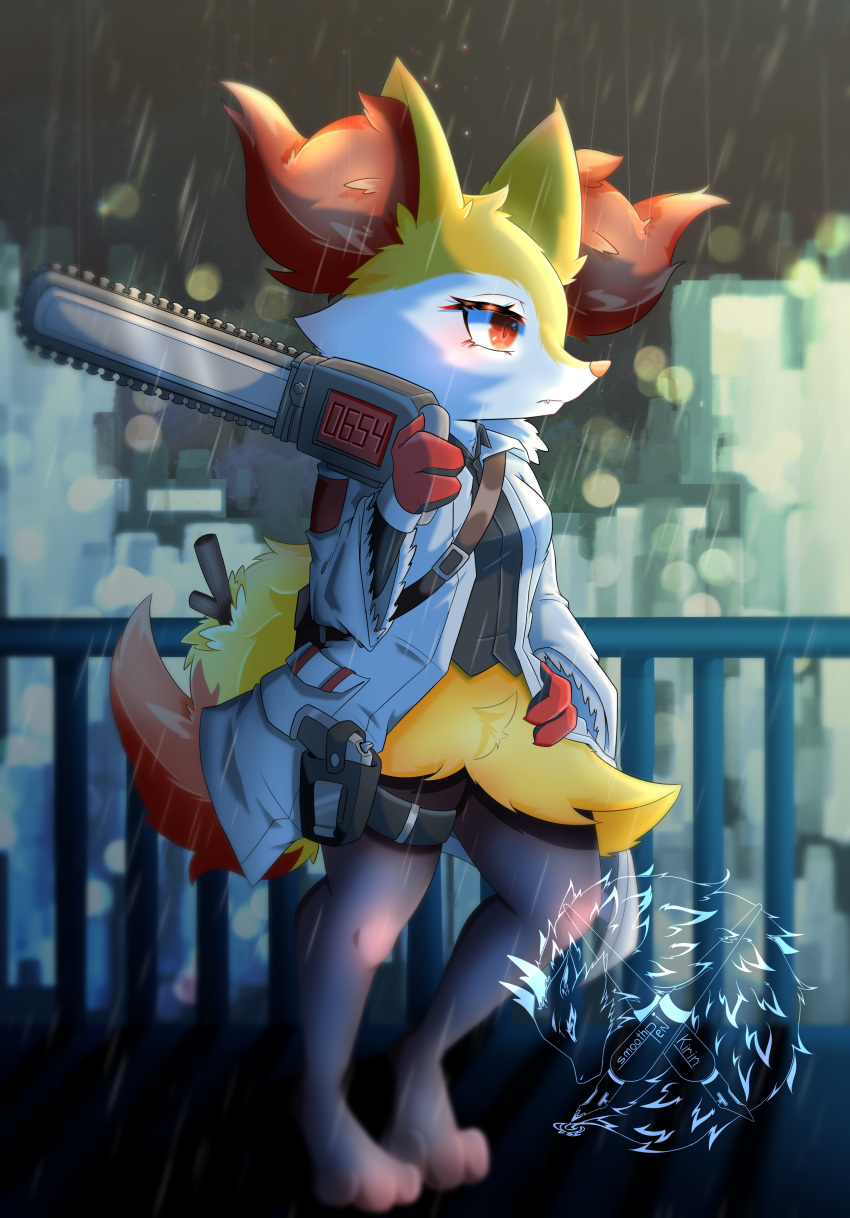 1girl, absurdres, animal_ear_fluff, animal_ears, animal_feet, animal_nose, artist_name, barefoot, black_fur, black_shirt, blurry, blush, body_fur, bokeh, bottomless, braixen, breasts, chainsaw, closed_mouth, clothed_pokemon, coat, collared_shirt, commentary, depth_of_field, english_commentary, expressionless, fang, fang_out, fox_ears, fox_girl, fox_tail, full_body, furry, furry_female, gloves, gun, hand_on_own_hip, hand_up, handgun, highres, holding, holding_chainsaw, holster, holstered, legs, light_blush, long_sleeves, looking_to_the_side, multicolored_fur, night, open_clothes, open_coat, outdoors, pokemon, pokemon_(creature), railing, rain, red_eyes, red_gloves, shirt, small_breasts, smoothpen, snout, solo, standing, stick, tail, thigh_holster, thigh_strap, watermark, weapon, white_coat, white_fur, yellow_fur
