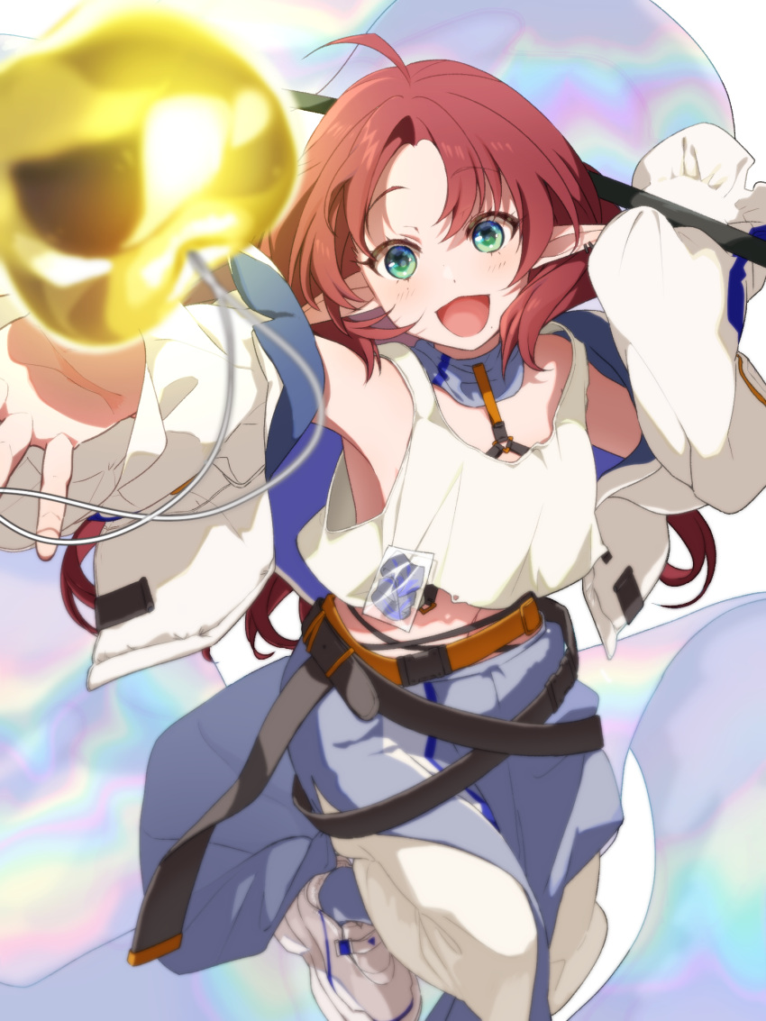 1girl, :d, ahoge, apple, arknights, banner, bare_shoulders, blue_skirt, blush, earrings, food, fruit, golden_apple, green_eyes, hachi32gyi, highres, jacket, jewelry, long_hair, long_skirt, long_sleeves, looking_at_viewer, myrtle_(arknights), off_shoulder, open_clothes, open_jacket, open_mouth, outstretched_arm, parted_bangs, pointy_ears, redhead, shirt, shoes, skirt, smile, sneakers, solo, tank_top, white_footwear, white_jacket, white_shirt