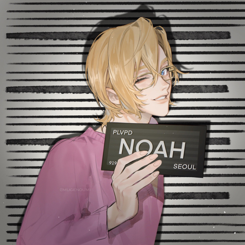 1boy, barbie_mugshot_(meme), blonde_hair, blue_eyes, height_chart, height_mark, highres, holding