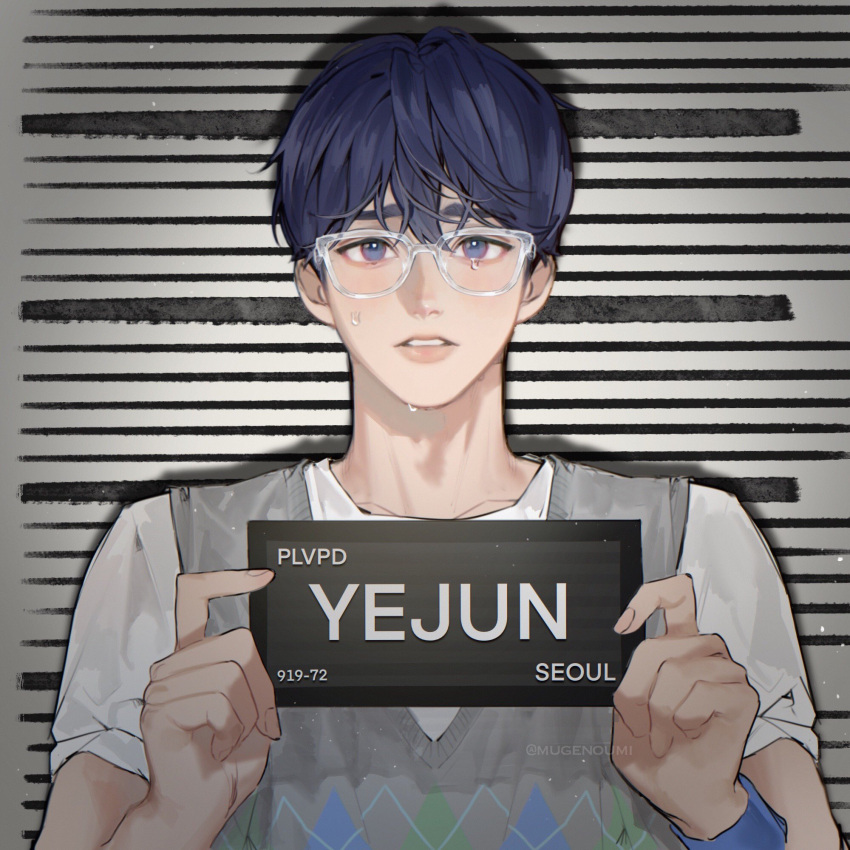 1boy, barbie_mugshot_(meme), blue_eyes, blue_hair, dark_blue_hair, height_chart, height_mark, highres