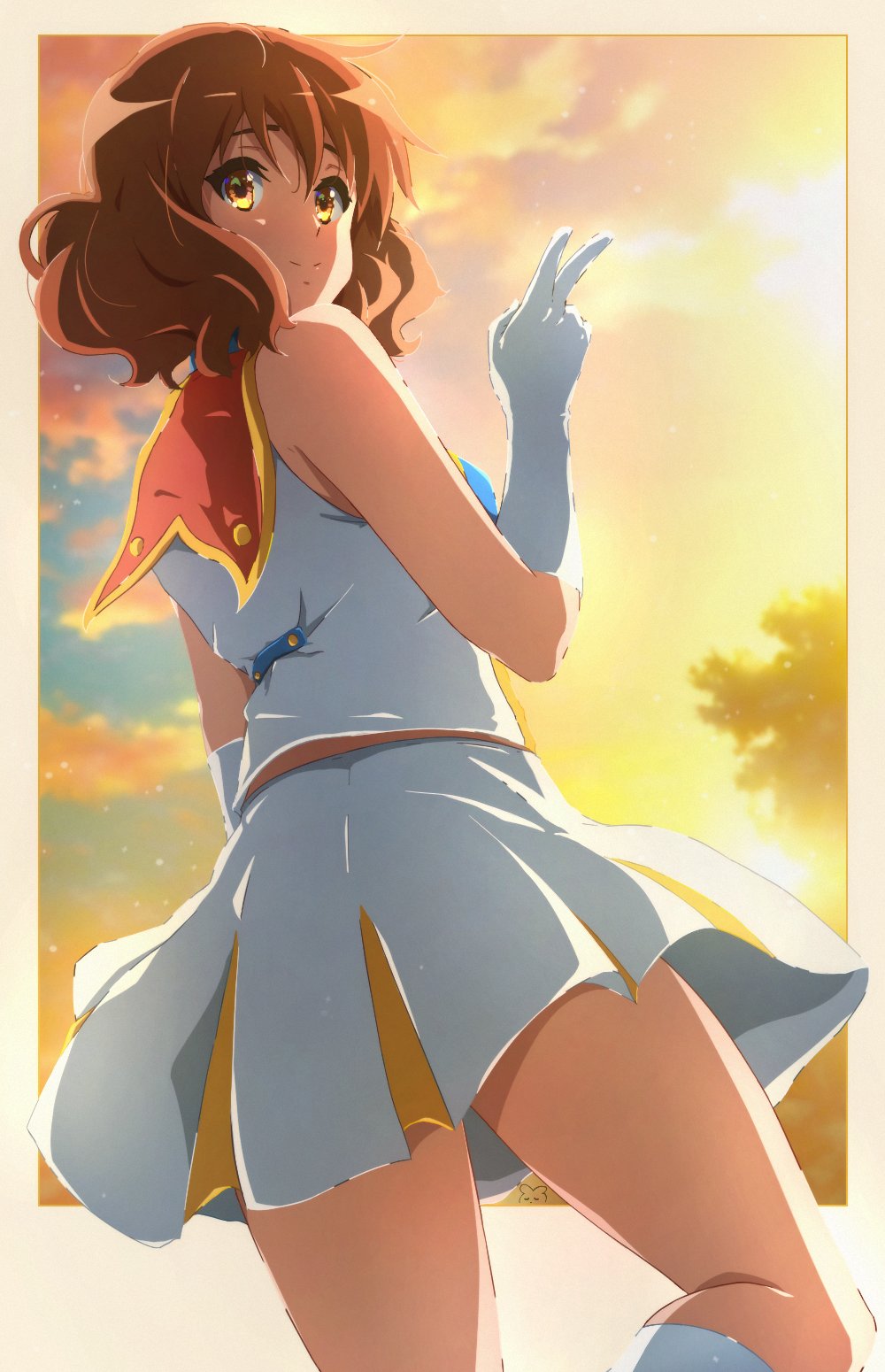 1girl, band_uniform, bare_shoulders, brown_eyes, brown_hair, english_commentary, gloves, hibike!_euphonium, highres, looking_at_viewer, official_alternate_costume, oumae_kumiko, shirt, short_hair, skirt, sleeveless, sleeveless_shirt, smile, thighs, usagihop, v, white_gloves, white_skirt