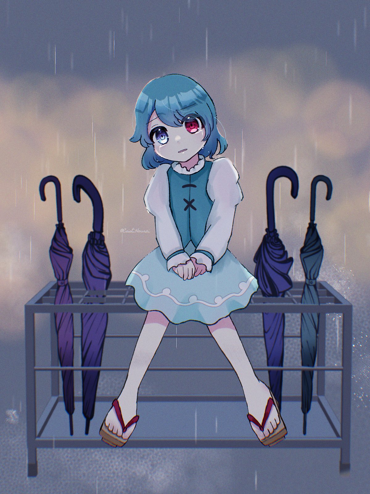 1girl, blue_hair, brown_footwear, commentary, esist_hourai, full_body, geta, heterochromia