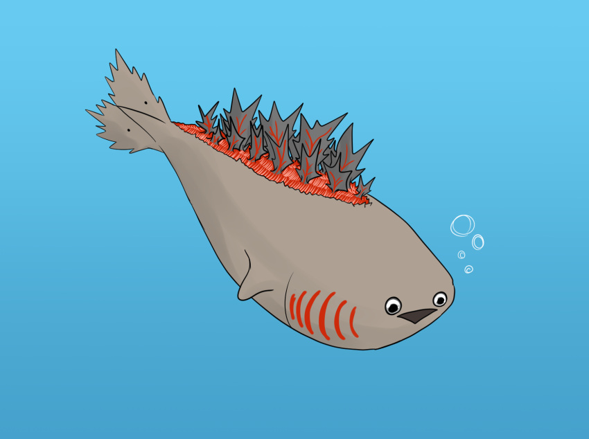 air_bubble, animal, black_mouth, bubble, fish, gills, godzilla, godzilla_(series), godzilla_(shin), highres, ibuki_(tulta_icon), mutant, no_humans, sacabambaspis, shin_godzilla, shin_godzilla's_first_form, spines, tail, underwater