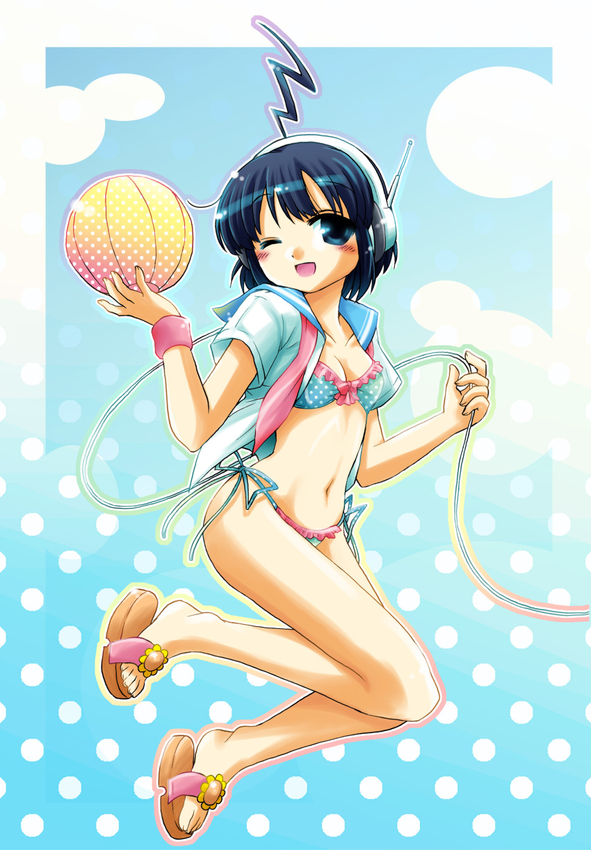ahoge, bad_id, ball, beachball, bikini, blue_eyes, blue_hair, blush