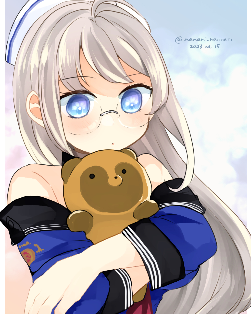 1girl, ahoge, black_sailor_collar, blue_eyes, blue_shirt, dated, dixie_cup_hat, glasses, grey_hair, hat, heywood_l._edwards_(kancolle), heywood_l._edwards_kai_(kancolle), highres, kantai_collection, long_hair, military_hat, nanari_(nanari_nannari), off-shoulder_shirt, off_shoulder, sailor_collar, school_uniform, serafuku, shirt, solo, stuffed_animal, stuffed_tanuki, stuffed_toy, twitter_username, white_headwear