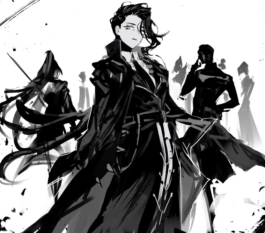 1girl, 2boys, adjusting_eyewear, belt, cape, closed_mouth, coat, gloves