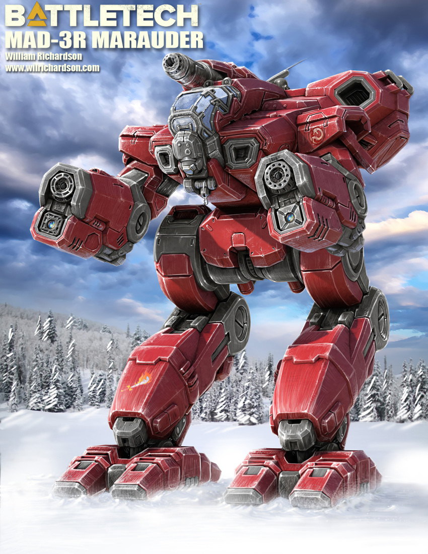 absurdres, arm_cannon, battletech, character_name, clouds, energy_cannon, english_commentary, english_text, flaming_sword, flaming_weapon, forest, highres, machinery, marauder, mecha, nature, pine_tree, radio_antenna, robot, rocket_launcher, roundel, science_fiction, shoulder_cannon, signature, snow, title, tree, walker, weapon, web_address, williamrichardson
