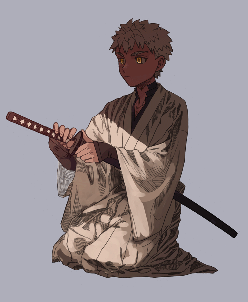 1boy, emiya_shirou, expressionless, fate/grand_order, fate_(series), full_body, grey_background, holding