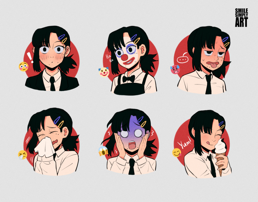1girl, :p, apron, black_apron, black_bow, black_bowtie, black_eyes, black_hair