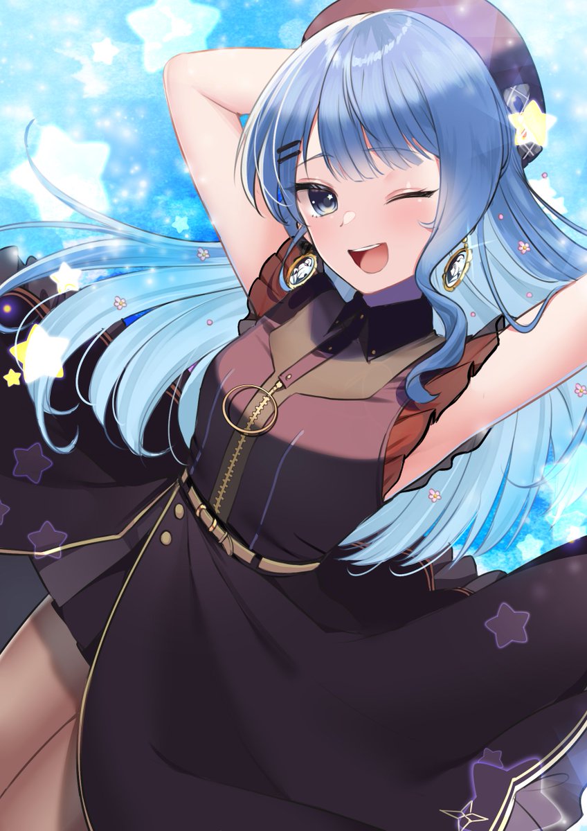1girl, ;d, arms_up, beret, blue_eyes, blue_hair, dress, earrings