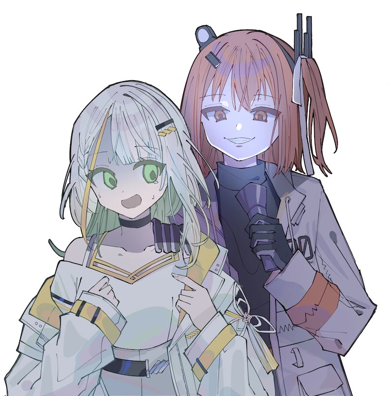 2girls, a.i._voice, adachi_rei, asymmetrical_bangs, behind_another, black_choker, black_gloves, black_shirt, blonde_hair, blunt_bangs, braid, choker, collarbone, commentary_request, evil_grin, evil_smile, flashlight, gloves, green_eyes, grey_hair, grey_jacket, grey_skirt, grin, hair_ornament, hair_ribbon, hairclip, half-closed_eyes, hand_on_another's_shoulder, headlamp, high-waist_skirt, holding, holding_flashlight, jacket, long_hair, long_sleeves, looking_at_another, looking_back, multicolored_clothes, multicolored_hair, multicolored_jacket, multiple_girls, nervous_smile, off_shoulder, one_side_up, open_clothes, open_jacket, open_mouth, orange_eyes, orange_hair, radio_antenna, ribbon, scared, shirt, side_braid, simple_background, skirt, smile, spaghetti_strap, streaked_hair, sweat, tearing_up, tsunose_kotone, turn_pale, turtleneck, two-tone_jacket, upper_body, utau, white_background, white_jacket, white_ribbon, white_shirt, yellow_jacket, yuyu_no_suke