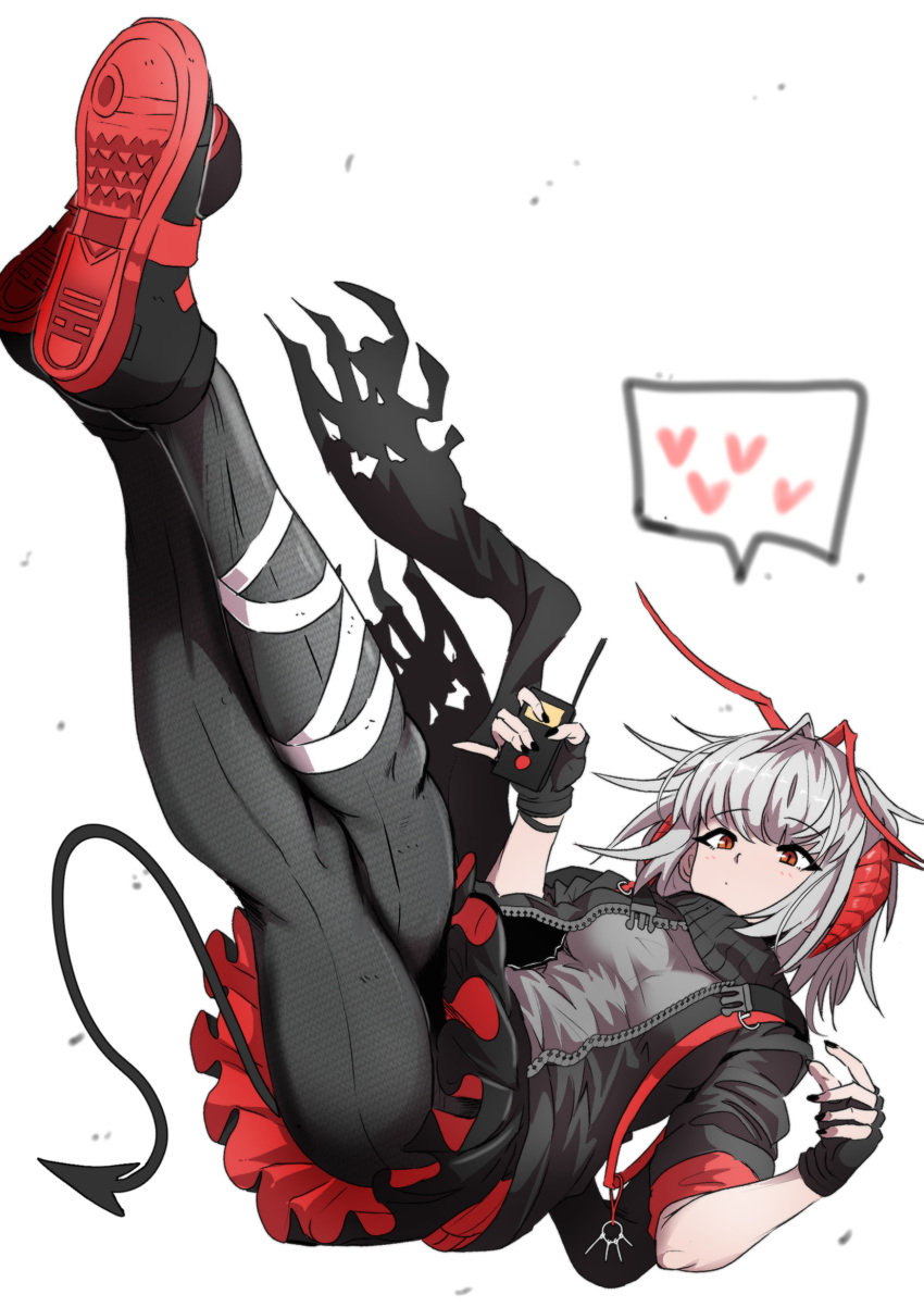 1girl, antenna_hair, arknights, black_footwear, black_gloves, black_jacket, black_nails, black_pantyhose, black_scarf, black_skirt, blush, breasts, closed_mouth, commentary, controller, demon_horns, demon_tail, detonator, english_commentary, expressionless, falling, fingerless_gloves, full_body, gloves, grey_hair, grey_shirt, highres, holding, holding_remote_control, horns, jacket, leg_wrap, medium_breasts, miniskirt, multicolored_hair, nail_polish, open_clothes, open_jacket, pantyhose, pleated_skirt, red_eyes, redhead, remote_control, samacho, scarf, shirt, shoes, short_hair, simple_background, skirt, solo, tail, torn_scarf, two-tone_hair, unzipped, w_(arknights), white_background