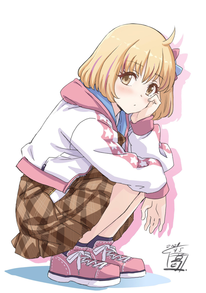 1girl, ahoge, artist_logo, black_socks, blonde_hair, brown_skirt, chieru_(princess_connect!), chieru_(real)_(princess_connect!)