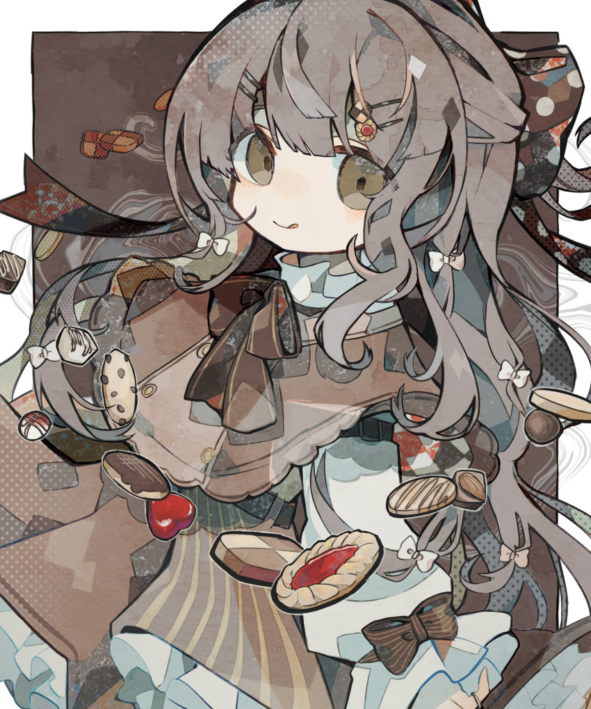 1girl, :q, arm_belt, belt, border, bow, brown_background, brown_belt