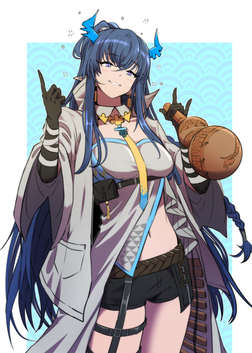 1girl, arknights, asymmetrical_hair, belt, black_gloves, black_shorts, blue_background, blue_eyes