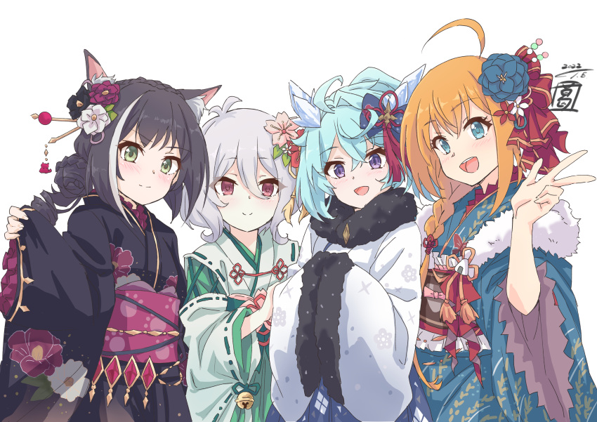 4girls, absurdres, ahoge, animal_ear_fluff, animal_ears, antenna_hair, aqua_eyes, artist_logo