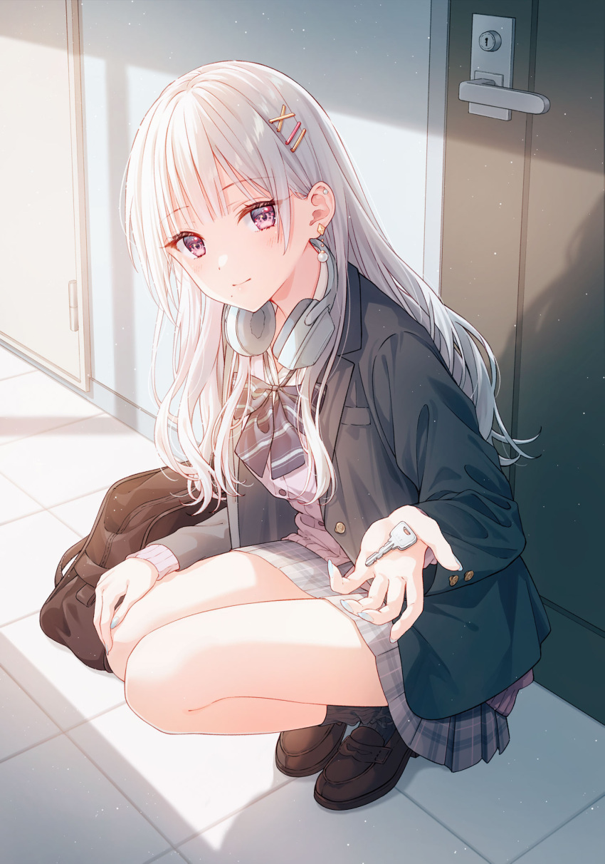 1girl, bag, black_jacket, black_socks, blazer, blunt_bangs, bow, bowtie