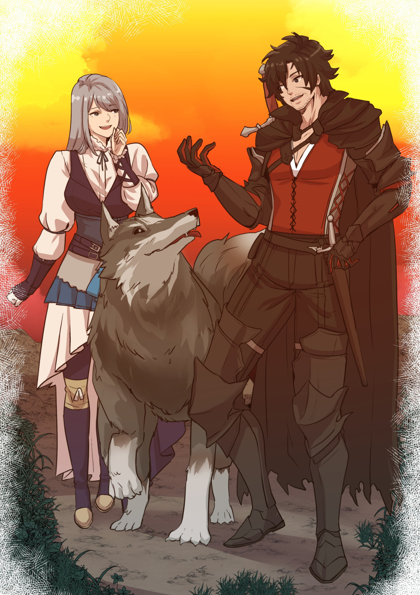 1boy, 1girl, absurdres, animal, blue_eyes, blue_vest, chinstrap_beard, clive_rosfield