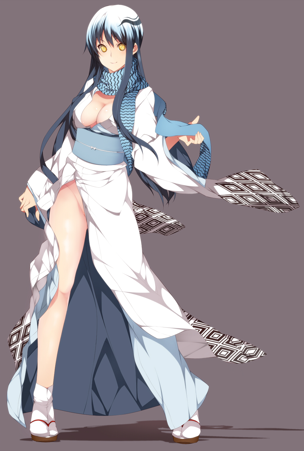 breasts, cleavage, highres, japanese_clothes, kimono, legs, long_legs, multicolored_hair, nanao, no_panties, nurarihyon_no_mago, ringed_eyes, sandals, sash, scarf, shadow, side_slit, simple_background, smile, solo, standing, striped, striped_scarf, thighs, white_hair, yellow_eyes, yuki_onna_(nurarihyon_no_mago)