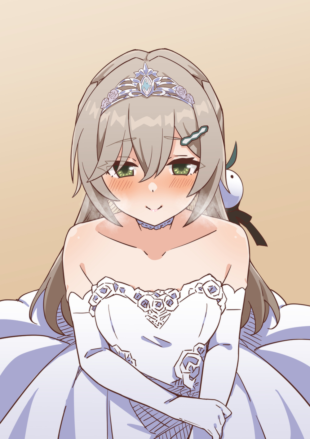 1girl, blush, breath, brown_hair, choker, detached_sleeves, dress, green_eyes