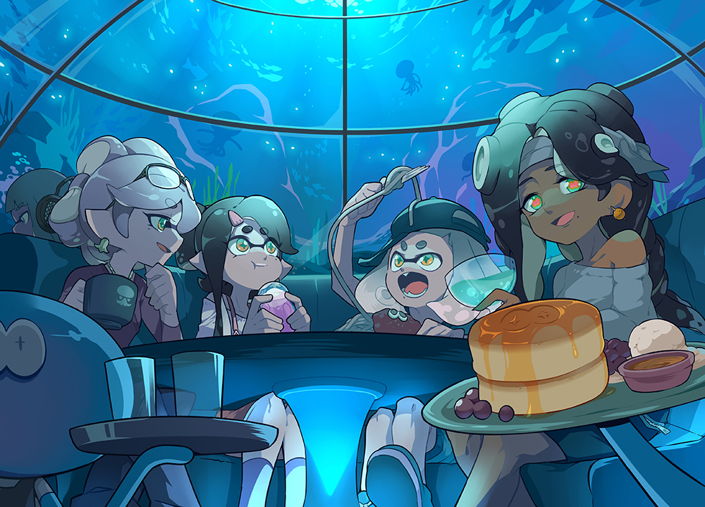 +_+, 5girls, :t, aquarium, berry, black_hair, black_shirt, black_skirt